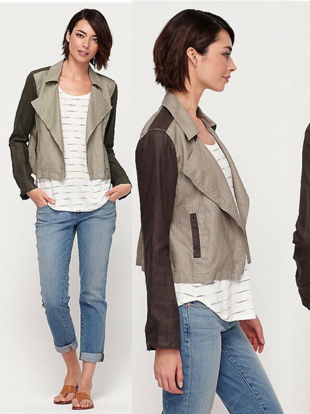 Eileen Fisher Coated Organic Linen Stone Moto Jacket 1X Asymmetric Zip, 2-Tone